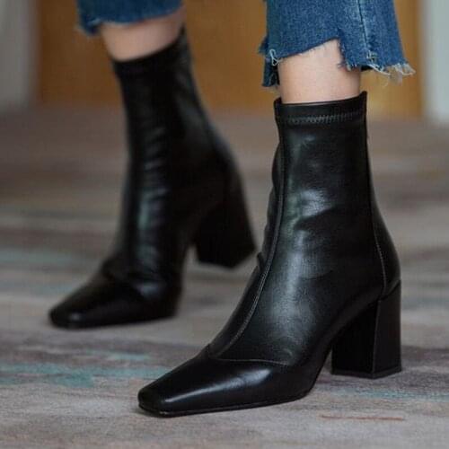 Rimocy Soft Pu Leather High Heels Ankle Boots Women Fashion Small Square Toe Thick Heel Booties Mujer 2021 Autumn Short Boots