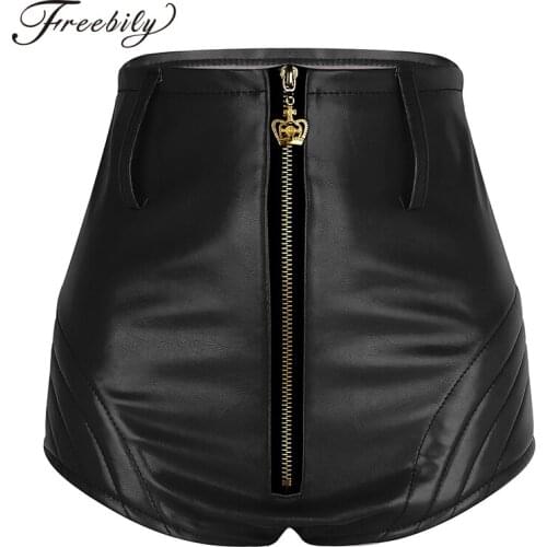 Sexy Ladies Shorts Womens Wet Look PU Leather Front Zipper High Waisted Booty Shorts Bottoms with Belt Night Club Show Shorts