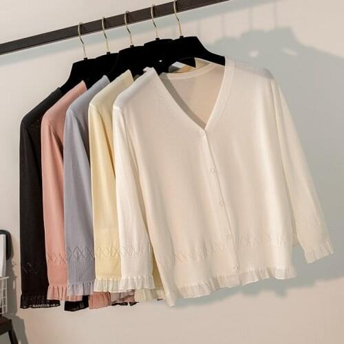 Ice Silk Summer White Black Apricot Women Knitted Cardigan Female V Neck Half Sleeve Ruffle Splice Casual Thin Short Coat Ladies