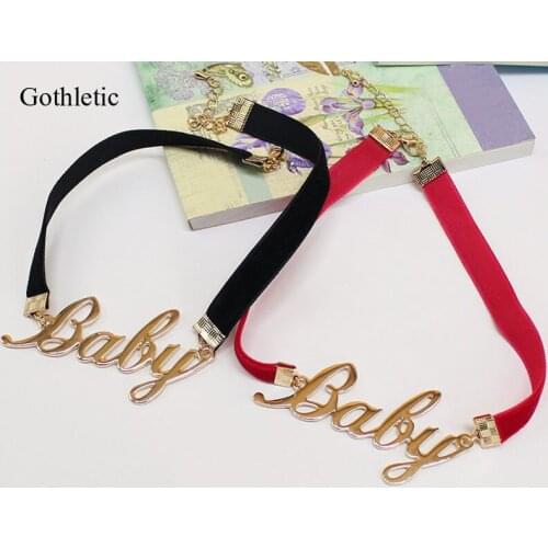 Gothletic Black/Red Velvet Choker Gold-color Big BABY Metal Letter Charm Collar Necklace for Women Fashion Jewelry 2019