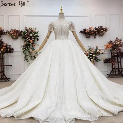 Serene Hill Ivory Short Sleeves Luxury Sexy Wedding Dress 2020 High-end Sequins Beading Dubai Bridal Gown Custom Made CHX0172