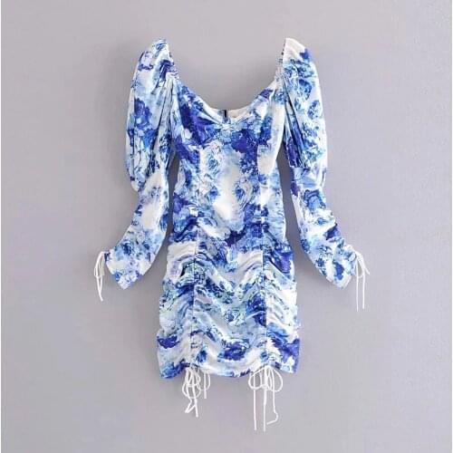 High Quality 2020 Blue Print Long Sleeve Vintage Backless Women Beach Holiday Mini Dress