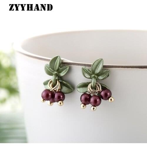 2021 Enameled Romantic Girl Stud Earring Leaf Purple Beads Cranberry Golden Color Women Party Wedding Ear Jewellery