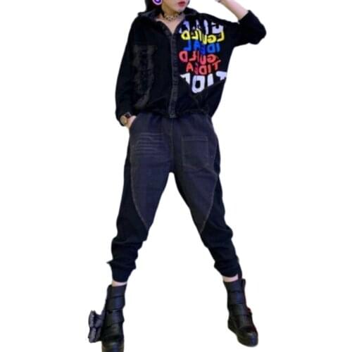 2021 Spring Womens Fashion Plus Size Loose Jean Patchwork Tops+pants Suits Female Vintage Large Size Two-piece Sets Black XC607