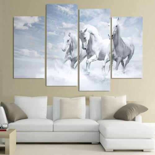 4 Panel Canvas Art Canvas Painting White Horses Running HD Printed Wall Art Poster Home Decor Picture for Living Room XA138B