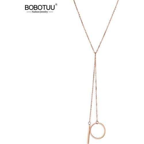 BOBOTUU Stainless Steel Jewelry Fashion Gift Rose Gold Color Pendant Necklace Strip & Circle Sweater Chain For Women BN18248