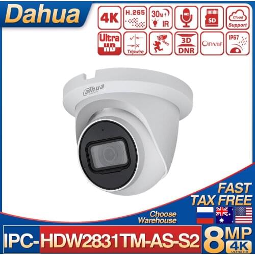 Dahua IPC-HDW2831TM-AS-S2 8MP Lite IR Fixed-focal Eyeball Network IP Camera 30M IR Built-in MIC H.265 SD Card Slot IVS CCTV IPC