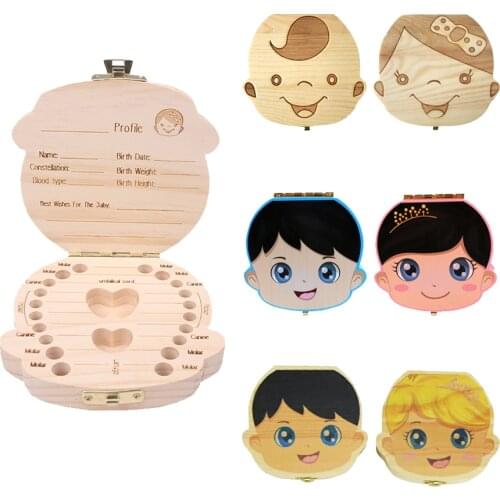 Wooden Baby Tooth Box English Spanish Russian French Portuguese Milk Teeth Storage Box Organizer Baby Souvenirs Kids Tooth Box