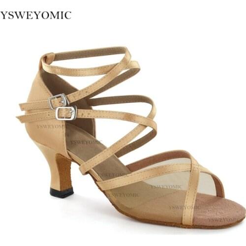 Girls Women Latin Dance Shoes Khaki Satin Mesh High Heel Dance Shoes Tango Soft Bottom Dance Shoes 5-10 cm Girls Salsa Shoes
