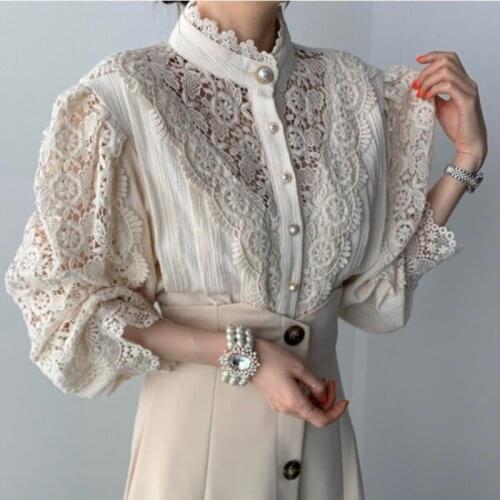 Elegant Lace Patchwork Women Long Sleeve Blouse Shirt Sexy Hollow out female Top Blouse Casual Single-breasted Ladies Top Shirt