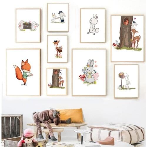 Cartoon Animal Letter Postman Art Poster Deer Rabbit Nursery Canvas Print Flower Bunny Wall Art Painting Picture Kids Room Decor