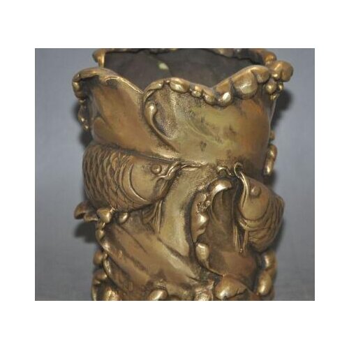 Mark chinese dynasty palace brass fish lotus lucky statue brush pot pencil vase
