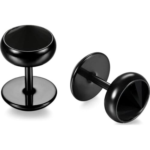 Mens 8mm Stainless Steel Rubber Black Fake Ear Plugs Tapers CZ Studs Earrings Cheater Fake Ear Plugs Gauges Illusion Tunnel