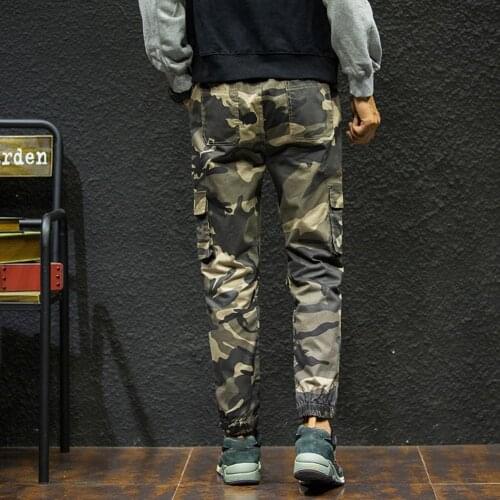 Men Casual Camouflage Ankle-tied Multi-pockets Cotton Sport Ninth Pants Trousers Hand Wash Cotton Regular Camouflage Ankle-tied