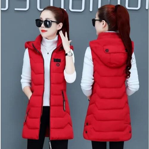 Autumn Winter Cotton Vest Women Hooded Coats Sleeveless Long Vest Jacket Thicken Cotton Padded Women Waistcoat Female 4XL Q123