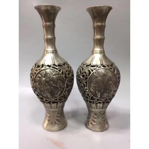 A Pair Flower Bottle Pot Chinese White Copper Carved Young Boy And Girl Hollow Out Vase Beautiful Gift Home Decoration