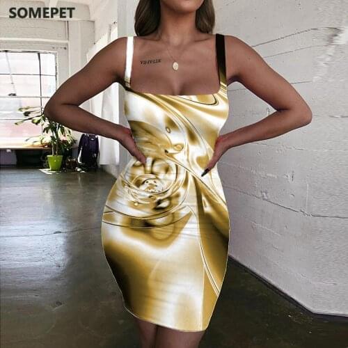 SOMEPET Abstract Dress Women Gold Vestido Sexy Graphics Bodycon Dress Harajuku Halter Sleeveless Womens Clothing Party Beach