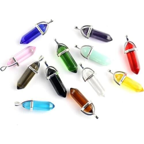 Natural Stone Hexagonal Column Pendant Silver Color Ornament Charm Crystal Pendant For Jewelry Making DIY Necklace Accessories