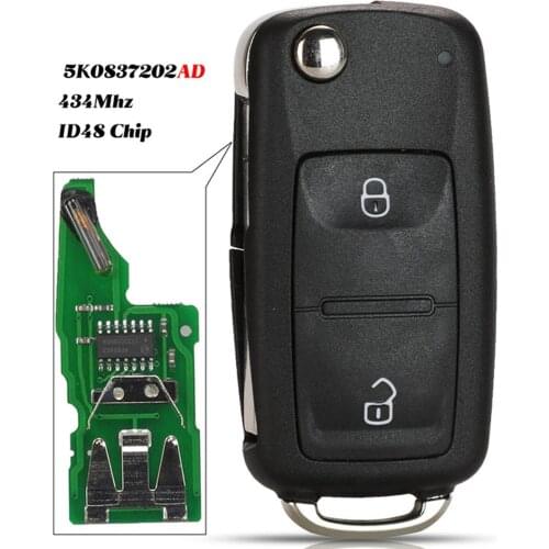 Jingyuqin 2 Buttons Flip Remote Key 7E0837202AD 434MHz ID48 For VW Volkswagen GOLF PASSAT Tiguan Polo Jetta 5K0837202AD