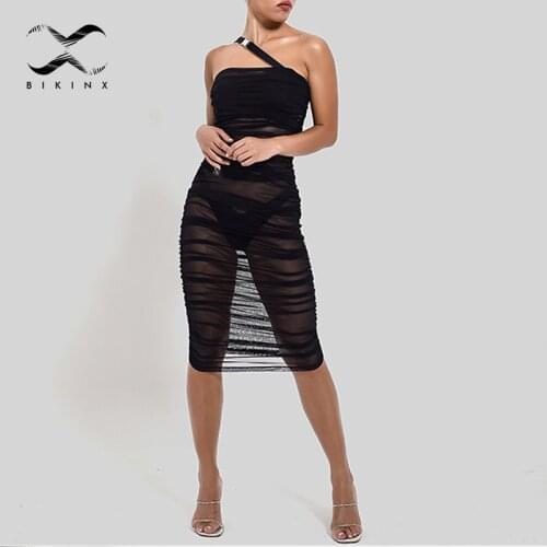 Sexy black mesh swimsuit 2021 One-shoulder cover up Solid see though womens swimwear and beachwear Vintage folds bathing suit