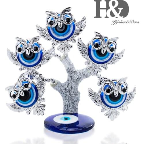 H&D Fengshui Owl Lucky Turkish Blue Evil Eye Tree Figurine Protection for Money Fortune Tree Home Decor Good Luck Gift