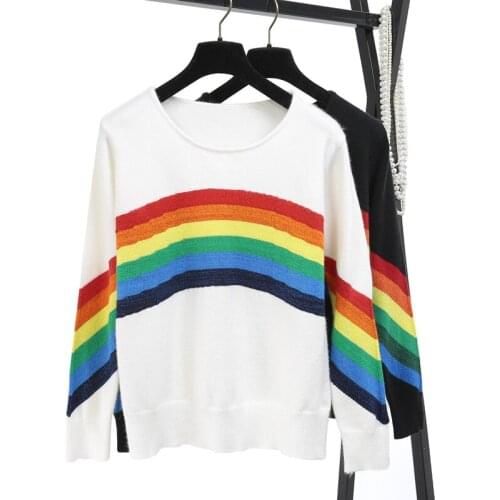 Korean Style Striped Sweater Fashion Rainbow Pattern Wild Slim Thin Autumn Knitting Sweaters And Pullovers YC7020