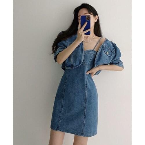 Vintage Two Piece Dress Sets Women Summer Short Sleeve Jeans Jacket Coat Spaghetti Strap Slim Denim Dress Girls Plus Size Outfit