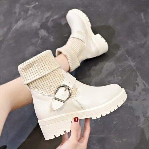 Women Knitted Ankle Boots Short Warm Shoes Ladies Fashion Buckle Boots Square Heels Platform Shoes Casual Famele Footwear