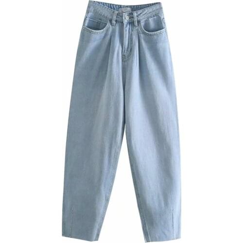 Aonibeier Washed Blue Jeans Spring Summer High Waist Wide Leg Women Ankle Length Denim Pants Female Raw Hem Casual Trousers