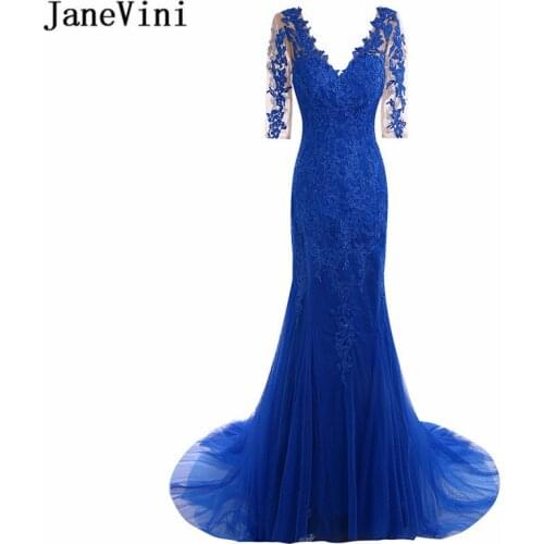 JaneVini Royal Blue Lace Formal Evening Dresses Half Sleeve Mermaid Tulle Long Party Dress Button Back Mother of the Bride Dress