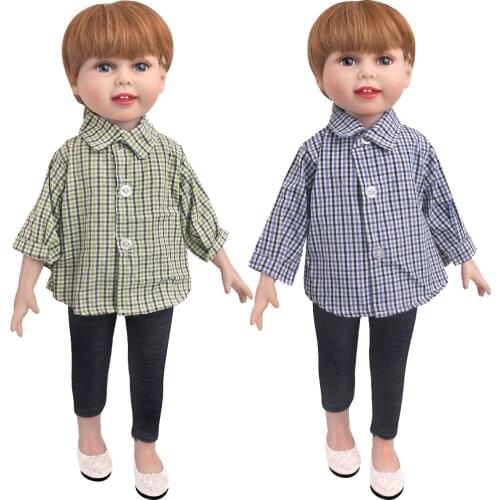 18 Inch American Doll Girls Clothes 2Pcs/Set Spring plaid shirt suit+pant Newborn Baby Toys Accessories Fit 43 Cm Boy Dolls c803