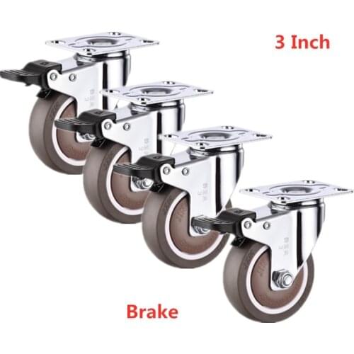 4 Pcs/Lot 3 Inch Brake Caster Rubber Mute Light Furniture Medical Shelf Ventilator Wheel