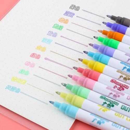 8/12pcs/set Double Line Outline Pen Glitter Color Fluorescent Marker Metal Color Pen Handbook Student School Office Stationery