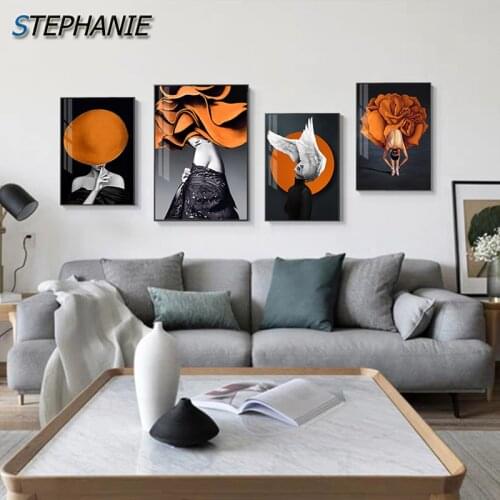 Abstract Orange Black Painting Flower Canvas Poster Print Beauty Girl Wall Art Picture for Living Room Bedroom Fashion Home Deco