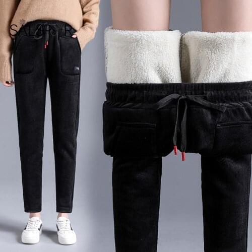 SALSPOR Warm Casual Pants Winter Elastic Waiswinter Elastic Pants Female Sports Corduroy Trousers Plush Fleece Pants