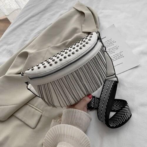 Fashion Wide Strap Fringe Chest Bags For Women Studs Design Female Waist Fanny Pack Quilted PU Leather Belt Crossbody Bags 2021