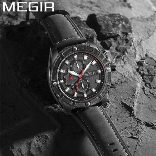 MEGIR Watch Men Chronograph Military Male Clock Top Brand Luxury Black Genuine Leather Fashion Classic Man Sport Wristwatch 2119