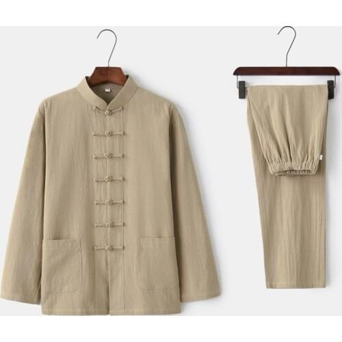 Chinese Style Hanfu Zen Traditional Clothing Set Man Summer Cotton Linen Kung Fu Uniform Retro Top Pants Set Tai Chi Uniforms