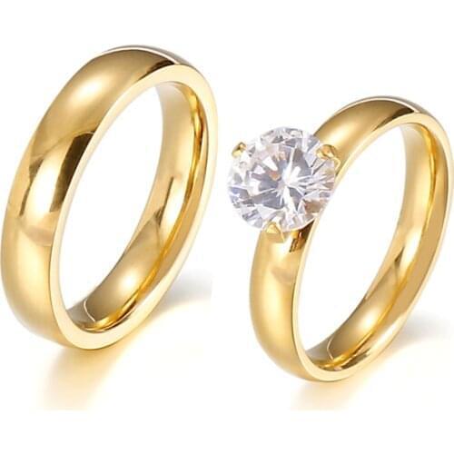 1 Pair Engagement Wedding Rings Set for Men Women 18k Gold Plated CZ Stone Lover Couple Ring Marriage Titanium Jewelry