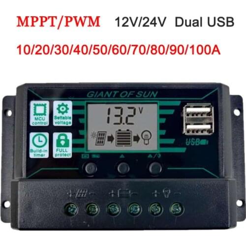 Solar Charge Controller 12V/24V Dual USB 10/20/30/40/50/60/70/80/90/100A Solar Panel Battery Controller Voltage Regular MPPT/PWM