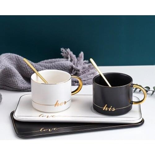 Mug Nordic Gold Traced Ceramic Coffee Cup With Spoon Milk Cup Mug Fashion Simple Cup And Saucer Ceramic Set Cup B200123