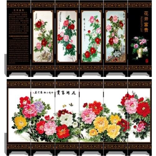 MINI Folding Screens 6 Joined Panels Decorative Painting Wood Byobu Huakaifugui Rich and Honored Being in Full Flower 3 Sizes
