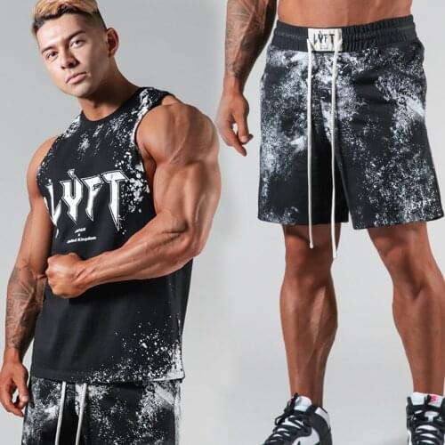 2021 New Men tank top + Shorts Set Summer Breathable mesh sport Casual tshirt Running Fashion Harajuku Printed Male vest Suit
