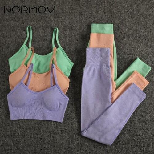 NORMOV Women Fitness Yoga Sets Solid Seamless Sports Suits High Waist Gym Fitness Pants Sportswear Workout Bra+Leggings Clothing