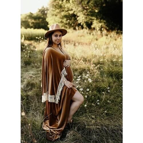 New Soft Maxi Long Bell Sleeves with White Edge Maternity Dress Pregnant Velvet Gown for Woman Photography Prop Baby Shower Gift