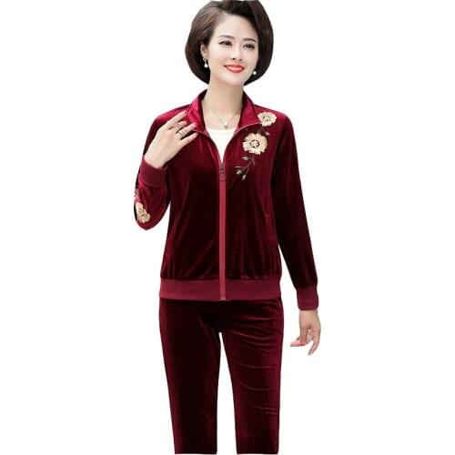Autumn new gold velvet sports suit womens fashion Leisure plus size middle-aged women spring embroidery two-piece jacket