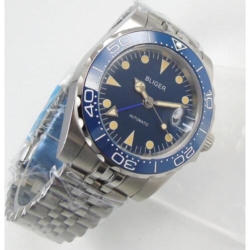 Blue BLIGER Brand GMT Model Automatic Men Wristwatch Sapphire Glass Ceramic Bezel Jubilee Strap Date Window
