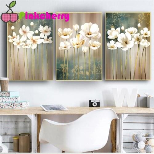 Diamond Painting Triptych Full Square Round Drill 5D DIY Diamond Mosaic 3 pieces Nordic style white flowers Embroidery k1064