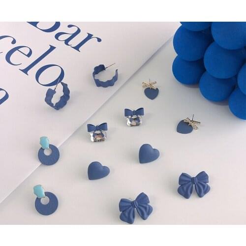 Summe Haze Blue Stud Earrings Heart-Shaped Stud Earrings Rhinestone Ear Studs Women Bow-Knot Earrings Girl Gifts For Friends