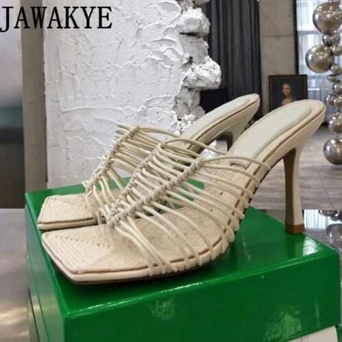 2021 Summer Hot Sale Square toe Rome Slippers Women Hemp rope Woven Slim high-heel Shoes Sexy Luxury Brand Shoes Plus Size mujer